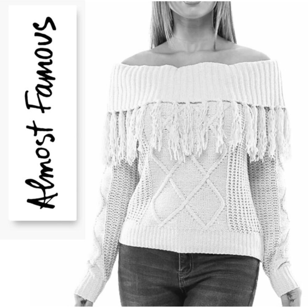 Almost Famous Crave Fame Sweater Medium Ivory Cable Knit Fringe Off Shoulder NEW